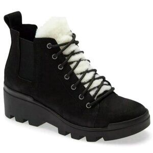 EILEEN FISHER Calm Leather Hiker Wedge Boots Shearling Fur Tongue 10 Bootie Heel
